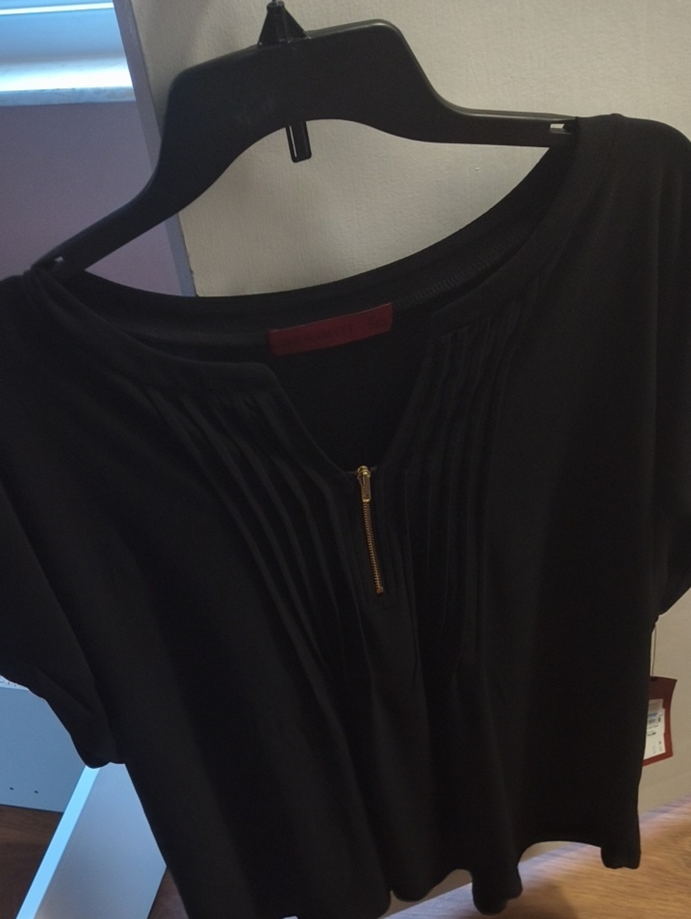 Women’s Black Zip-Accent Pleated Front Top